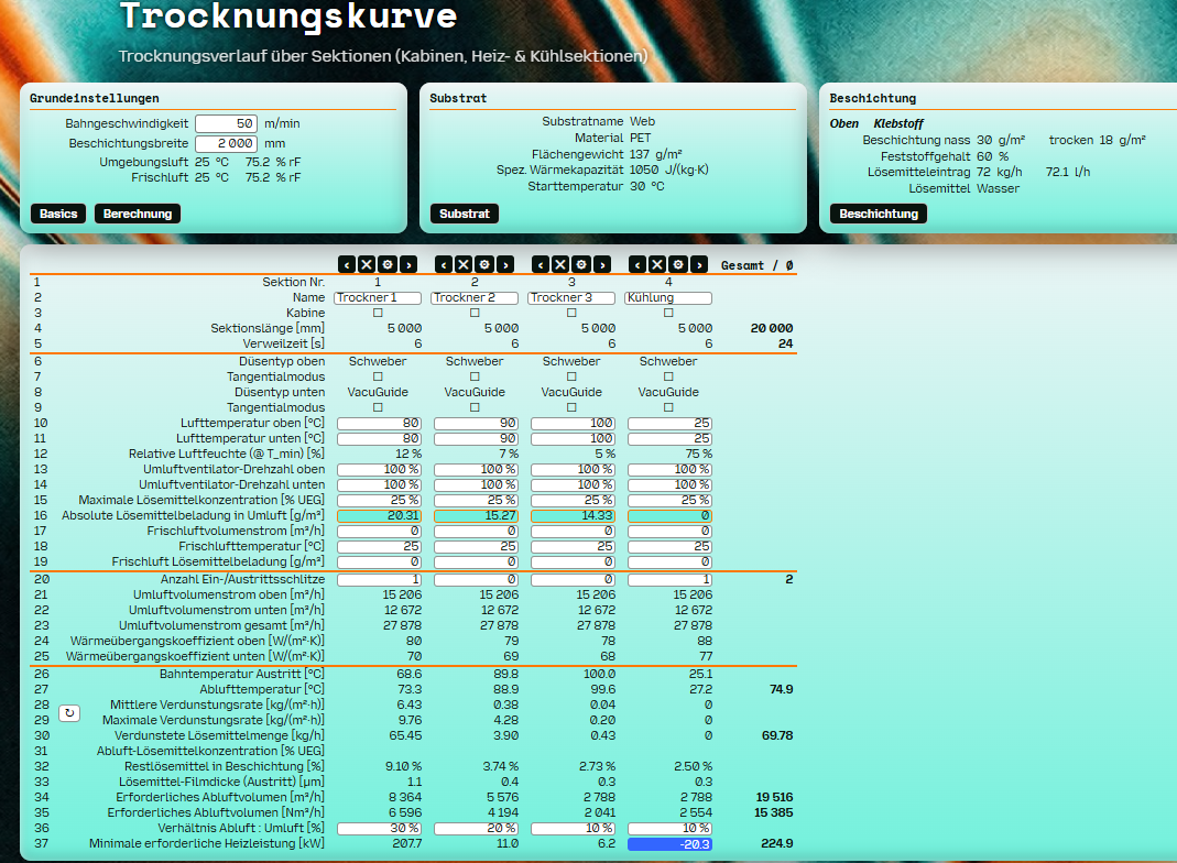 User interface of ecodry's software for calculating the drying curve